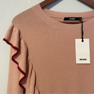 NWT Bik Bok Soft Ribbed Knit Sweater Jumper Ruffles Pink Blush Viscose, Small